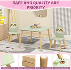 Kids Table and Chair Set with 2 Sloth Chairs 23.6" x 23.6" x 17.3" Solid Wood Table & Chairs in Sage Green & Natural Wood