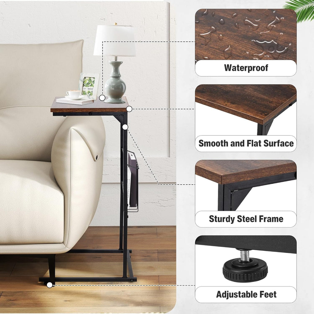 HOMREST End Table, Small Narrow Sofa Table for Couch and Recliner,C Shaped Side Table with Metal Storage Frame,Stable Coffee Tables for Living Room, Bedroom, Bedside,Wooden Desktop (Rustic Brown)