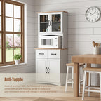 Microwave Cart with Storage, Freestanding Kitchen Pantry Cabinet with Stand & Adjustable Shelves, Farmhouse Multi-Function Organizer with Drawers, Glass Doors for Dining Room Office Dorm, White