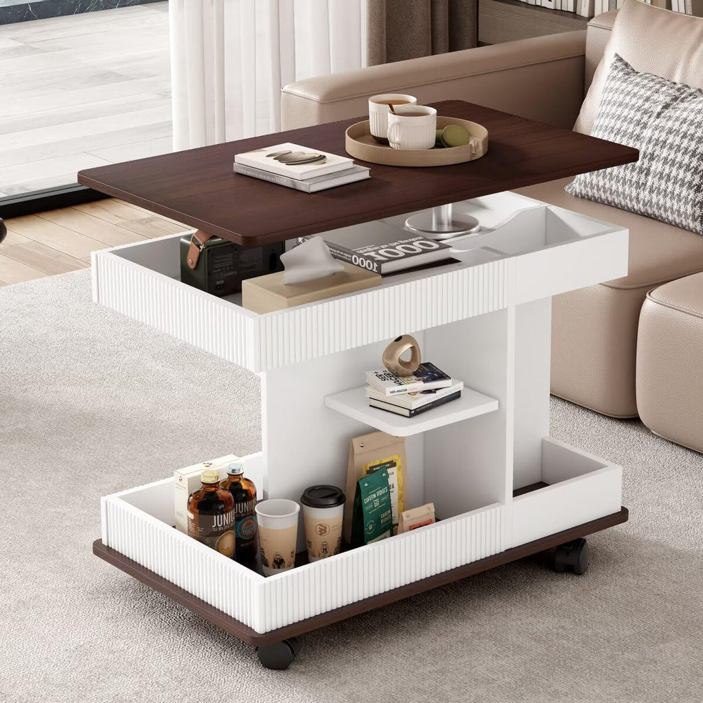 29.5" Adjustable End Table with Wheels, Modern Multifunctional Sofa Side Table with Lift-Top, 360°Rotating Top and Storage Space for Living Room, Small Space, Brown+White