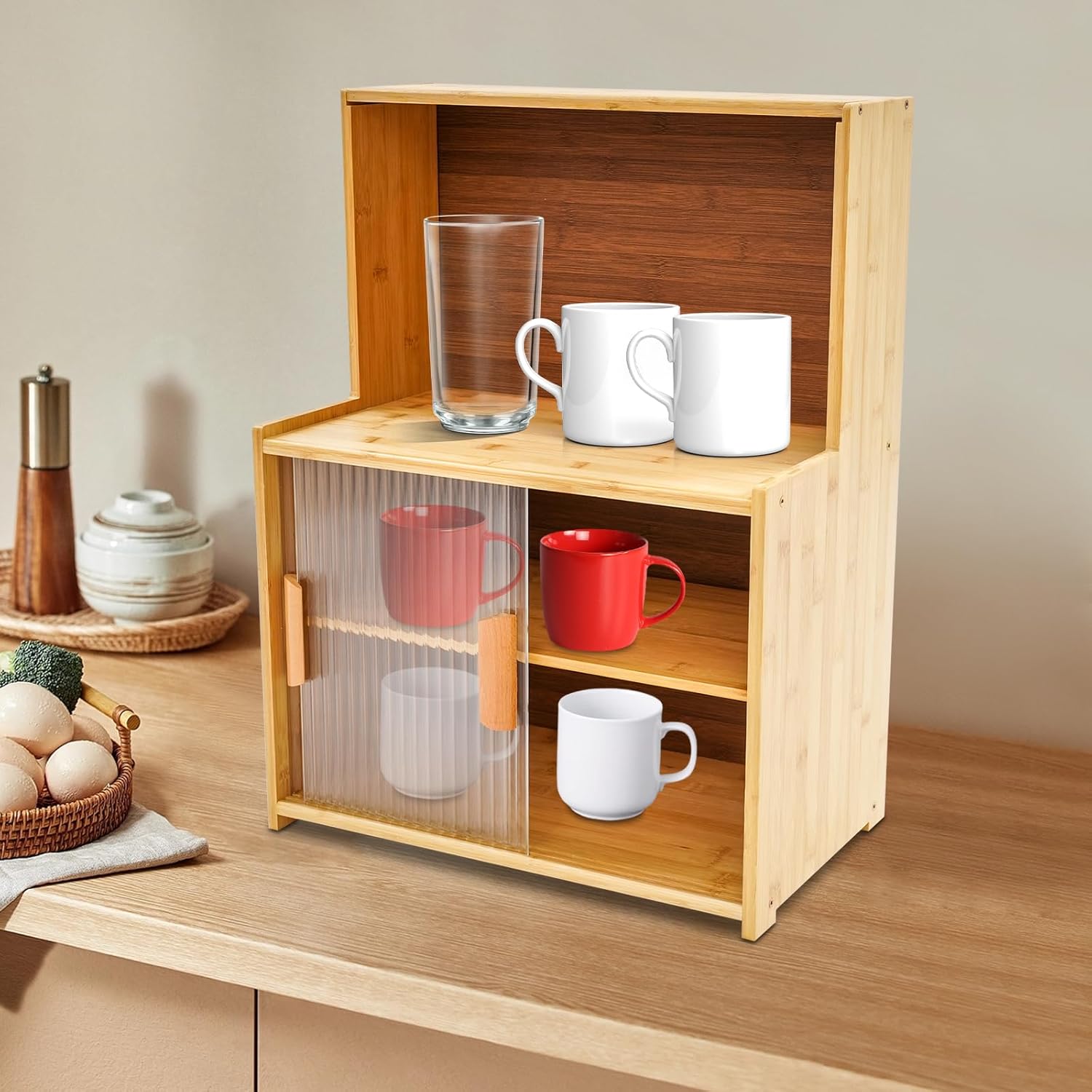 Kitchen Storage Cabinet with Sliding Doors, Bamboo Kitchen Pantry Sideboard, Adjustable Shelf Height, Semi-Clear Glass, for Spice Jars, Kitchen Utensils, Cups, Props , 17.7"x11"x24" (Log Color)