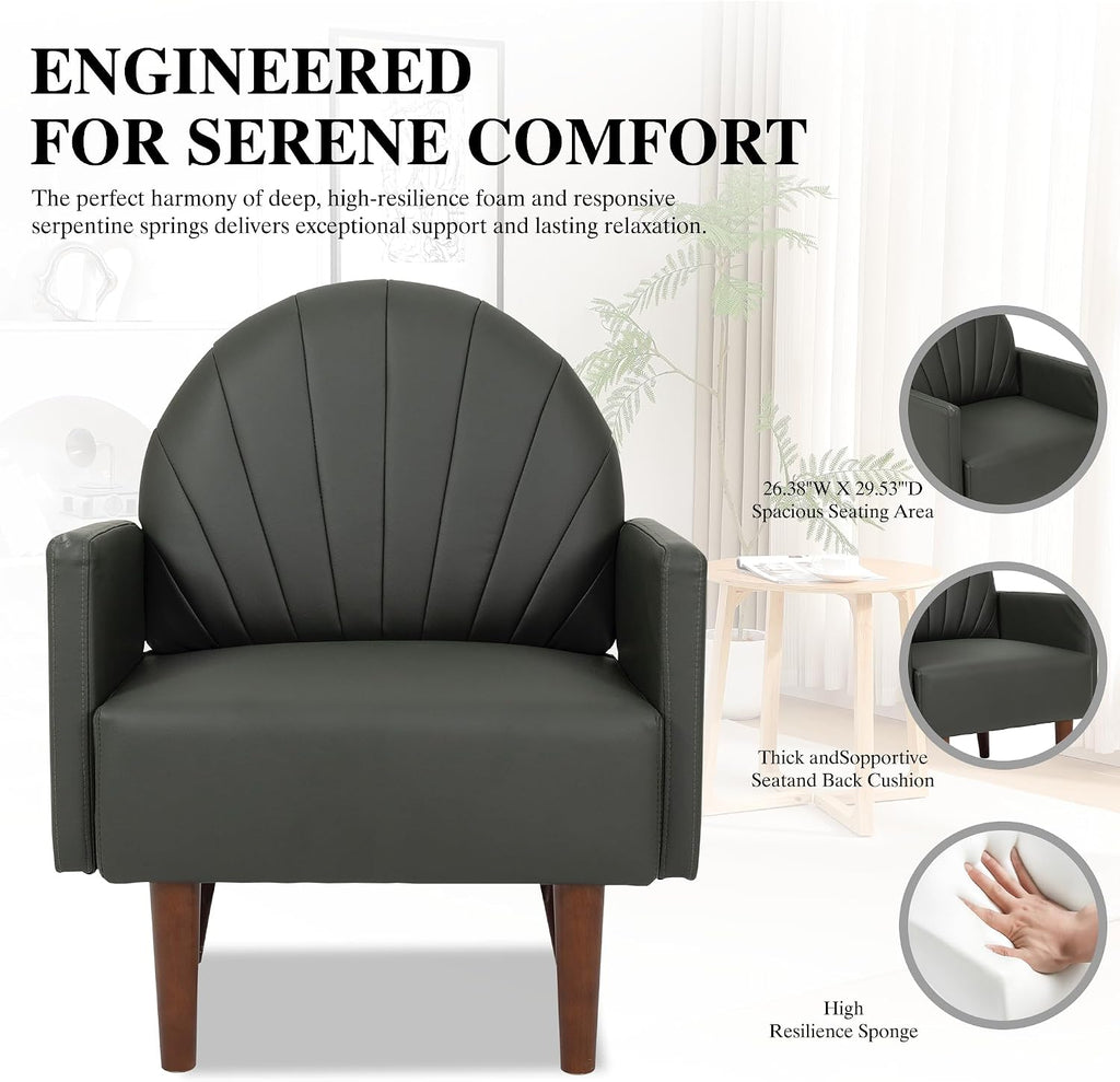 Modern Upholstered Single Sofa Chair，PU Leather Armchair Vanity Chair Shell Back Accent Chair with High Resilience Foam Cushion, Spacious Seating Reading Chair for Living Room Bedroom (Sage Green)