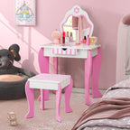 Costzon Kids Vanity, Girls Vanity Set with Mirror and Stool, Storage Drawer, Wooden Princess Makeup Dressing Table, Kids Vanity Table and Chair Set