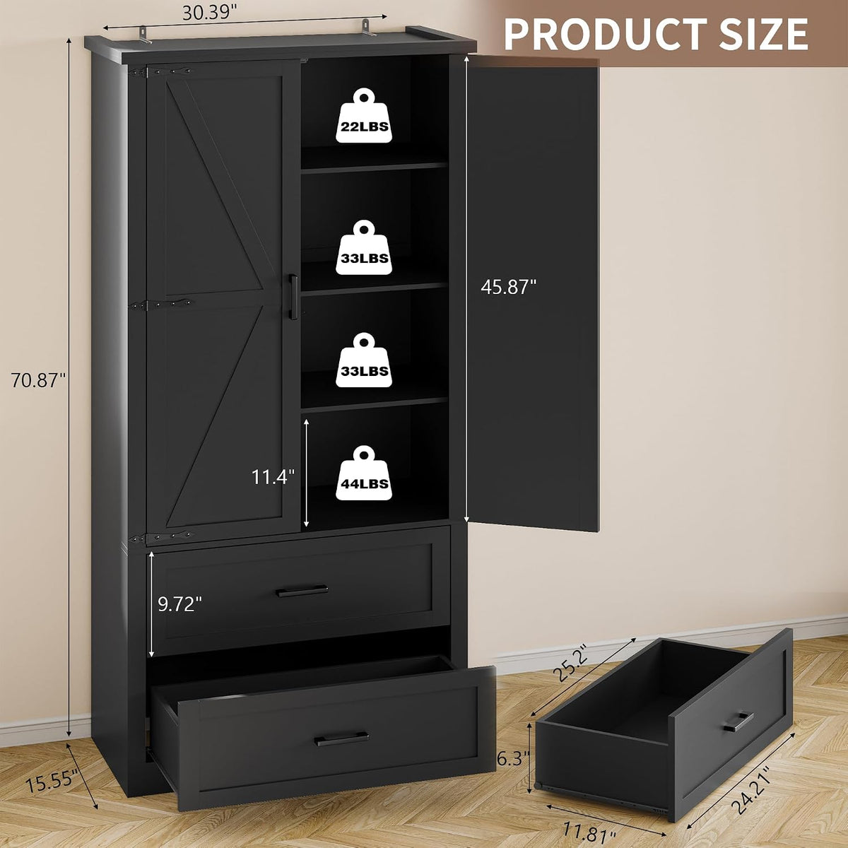 BORNOON Pantry Organizers and Storage Cabinet, 71” Barn Door White Kitchen Cabinet with Drawers and Adjustable Shelf, Tall Pantry for Kitchen, Dining Room, Living Room. Bathroom and Office