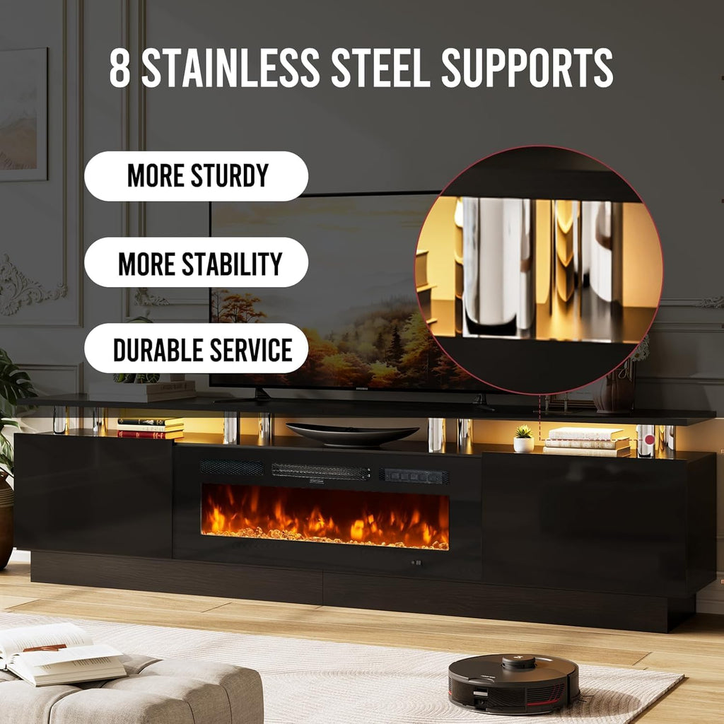 80" Fireplace TV Stand, 2-Tier LED Entertainment Center with 36" Fireplace, Fits TVs up to 90", Modern High Gloss TV Console with LED Lights & Storage Cabinets for Living Room, Black + Black