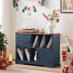 Joaxswe Large Record Player Stand with Vinyl Storage Up to 450 Albums, 39 Inch Farmhouse Wood Navy Blue Vinyl Records Storage Cabinet with Barn Doors, Mid-Century Turntable Stand for Living Room