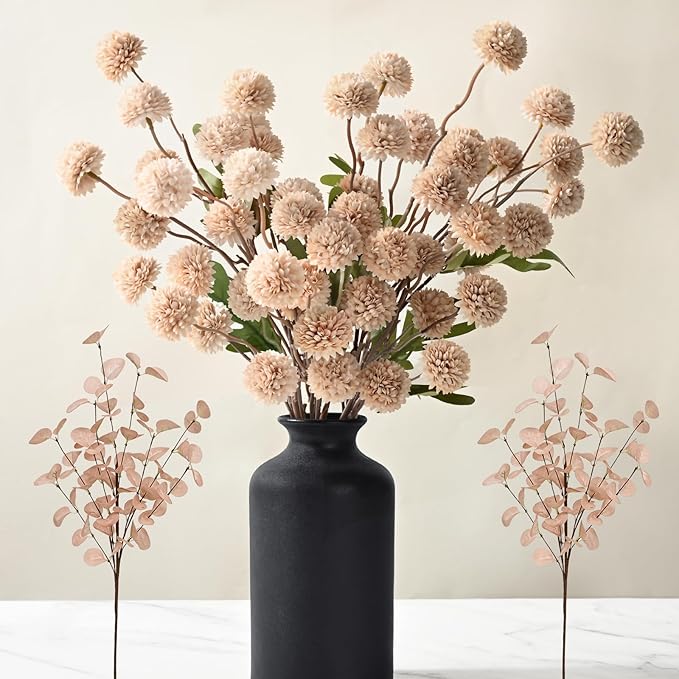 Waipfaru 10pcs Fake Silk Pompon Mum Artificial Flowers, Bulk Faux Mini Chrysanthemums with 2pcs Eucalyptus Stems, for Centerpieces Wedding Fillers Champagne Arrangements Boho Decor, No vase, Beige