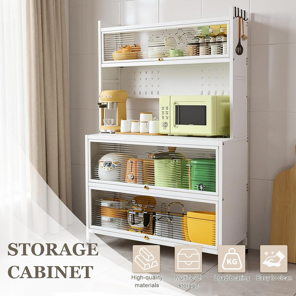 Kitchen Pantry Storage Cabinet with Shelf, Multi-Layer Metal Pantry Cabinet on Wheels, Modern Sideboard for Dining Room, Living Room
