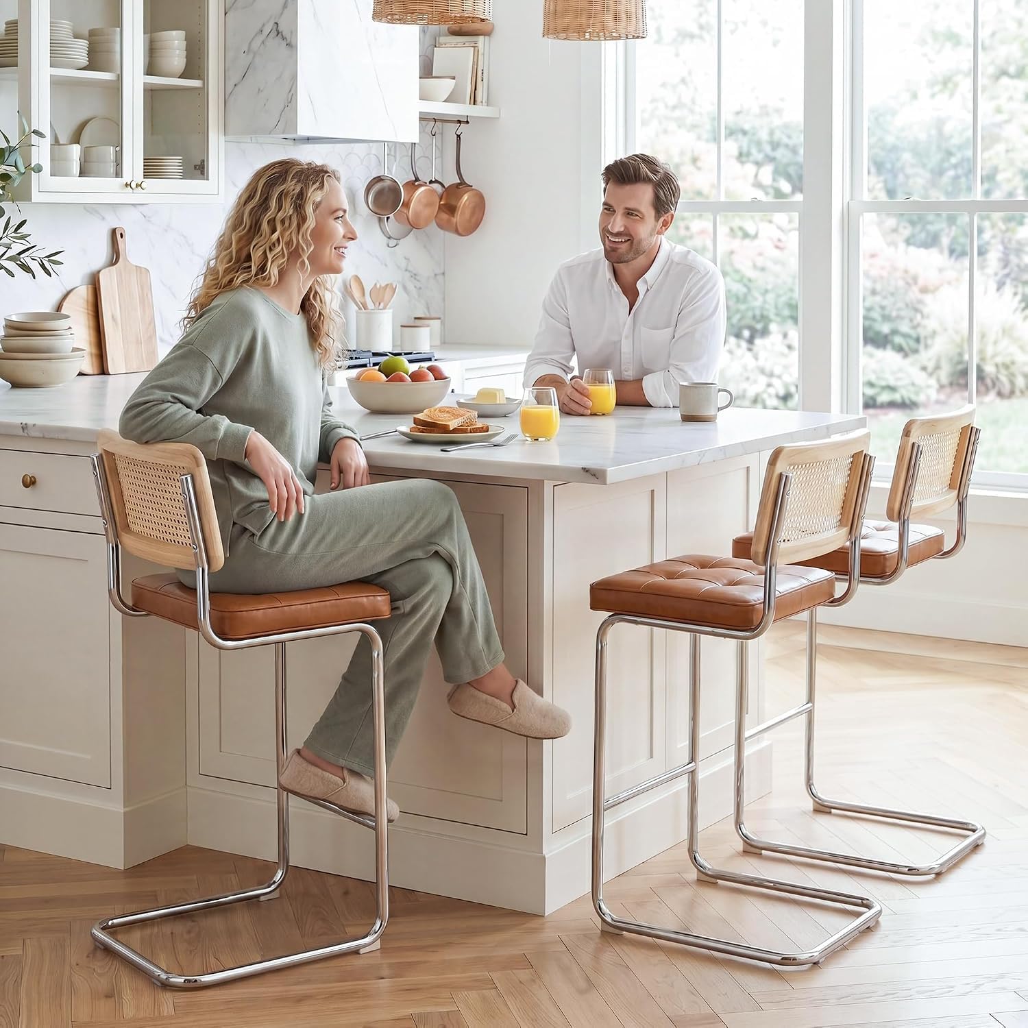 Zesthouse Natural Rattan Counter Stools Set of 2, 26" Modern Boho Barstools | Mid Century Modern Barstool with Cane Mesh & Chrome Base, Vintage Faux Leather Counter Height Chair for Kitchen Island, Brown