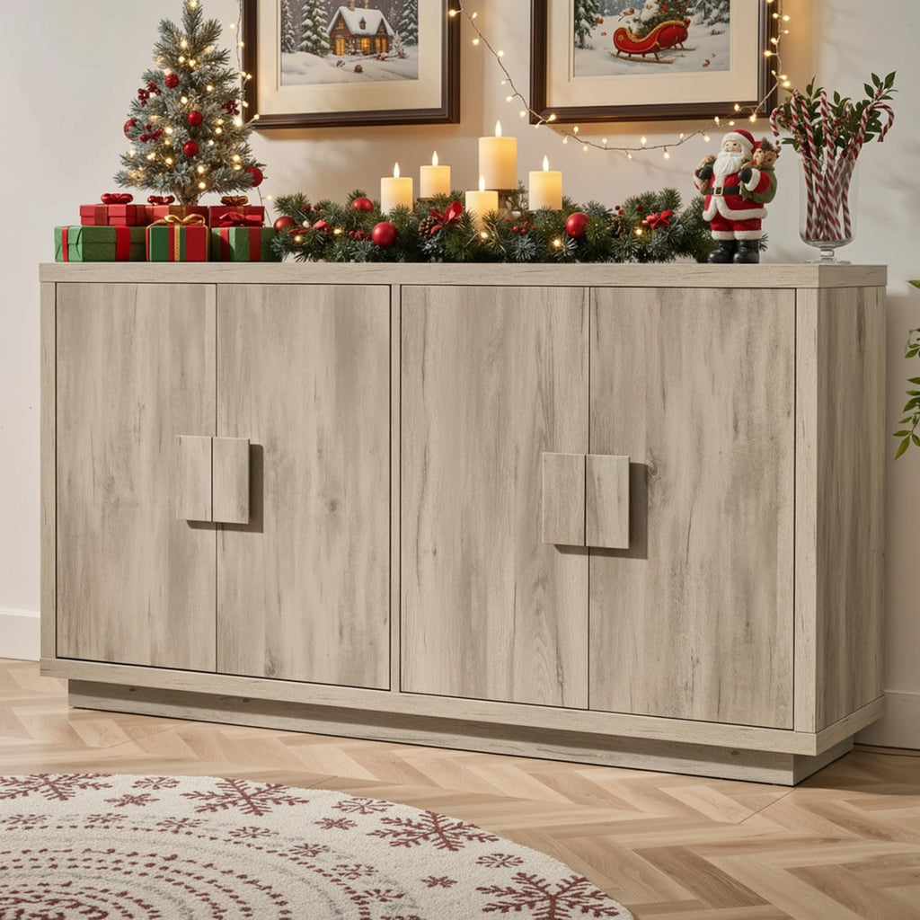 ONBRILL Buffet Cabinet with Storage, 63" Sideboard Cabinet with 4 Doors & Shelves, Wooden Kitchen Coffee Bar Credenza Storage for Living Room, Hallway (63" Wide), Light Grey