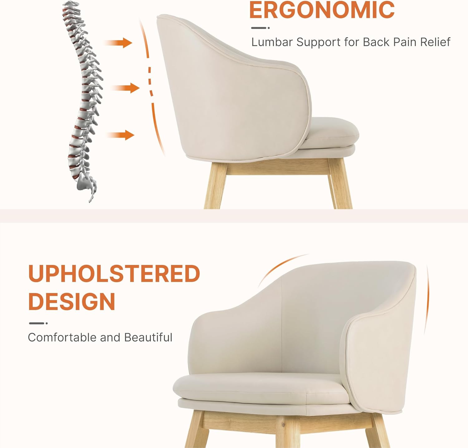 KISLOT Wooden Dining Chairs Set of 2, Faux Leather Upholstered Modern Dining Room Chairs with Barrel Backrest & Double-Layer Thick Cushion for Living Room, Restaurant, Kitchen and Café, Beige