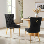 Velvet Dining Chair Set of 2,Upholstered Tufted Dining Room Chair with Nailhead Trim and Stainless Steel Gold Plated Leg for Kitchen,Black