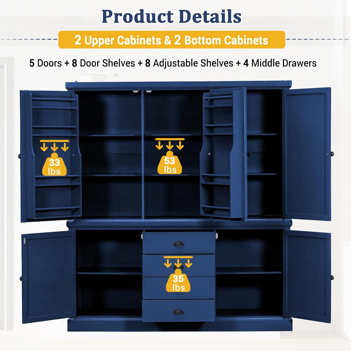 73" H Large Kitchen Pantry with Storage, Freestanding Wooden Cupboard with 4 Drawers,Cabinet Door Organizers and Adjustable Shelves for Kitchen, Dining Room, Blue