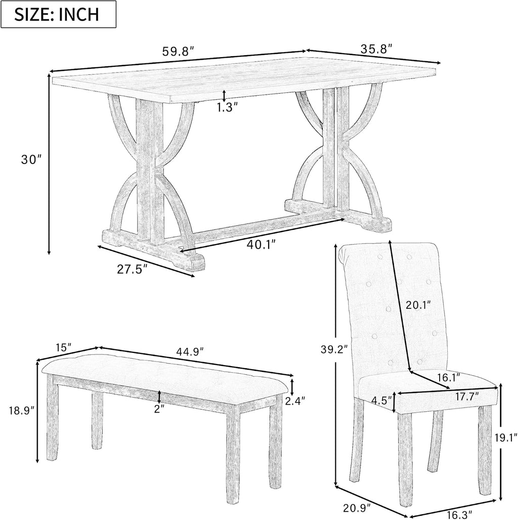 Merax 6-Piece Solid Wood Dining Table Set for 6, Solid Wood Rectangular Kitchen Table Set with 4 Upholstered Chairs and 1 Bench, Dining Room, Kitchen, Natural Wood Wash