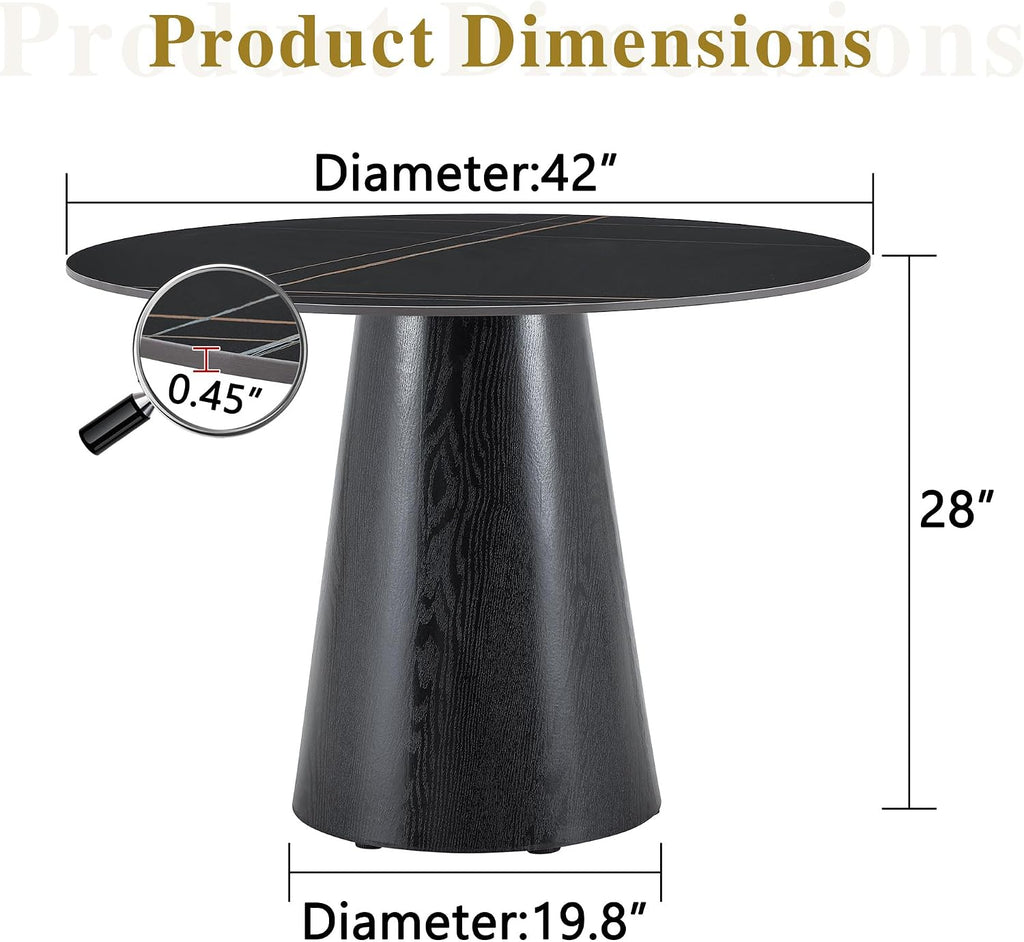 Round Dining Table for 4, 42 Inch Sintered Stone Dining Room Table, White and Black Small Kitchen Table with Stable Pedestal, Modern Marble Dining Table for Kitchen, Apartment, Restaurant