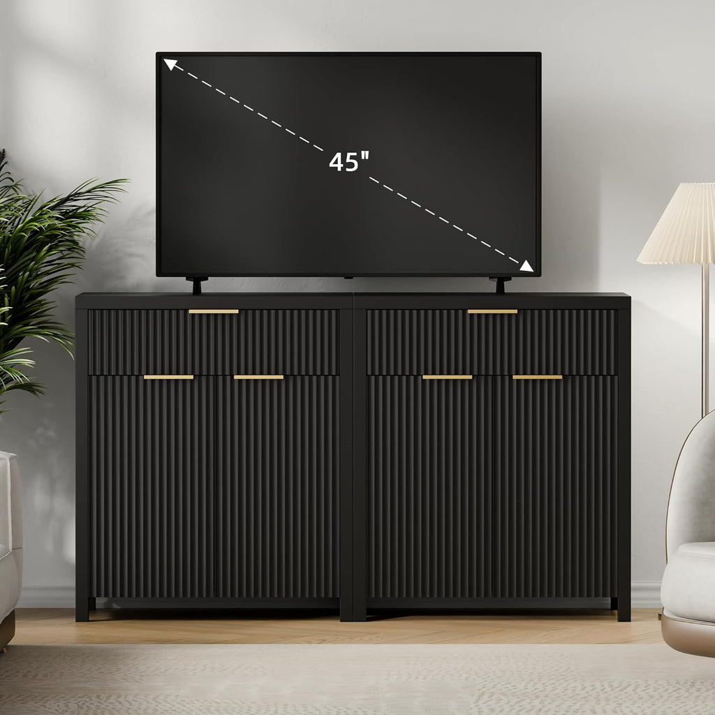 YaFiti Storage Cabinet Fluted Sideboard Buffet Cabinet with Adjustable Shelves & Quality Wooden Tabletop, Modern Accent Credenza Media Console for Living Room, Entryway, Hallway, Black