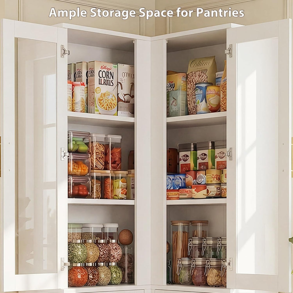 Armocity Corner Pantry Cabinet with Doors, 70" Tall Corner Storage Cabinet with LED Lights, 6-Tier Kitchen Pantry Cabinet, White