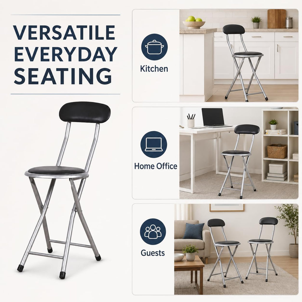 J&V TEXTILES Cushioned Padded Folding Stool with Back | Space-Saving Design, Folds Flat, Padded Backrest, Round Padded Seat, 2.8" Folded Thickness