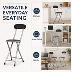 J&V TEXTILES Cushioned Padded Folding Stool with Back | Space-Saving Design, Folds Flat, Padded Backrest, Round Padded Seat, 2.8" Folded Thickness