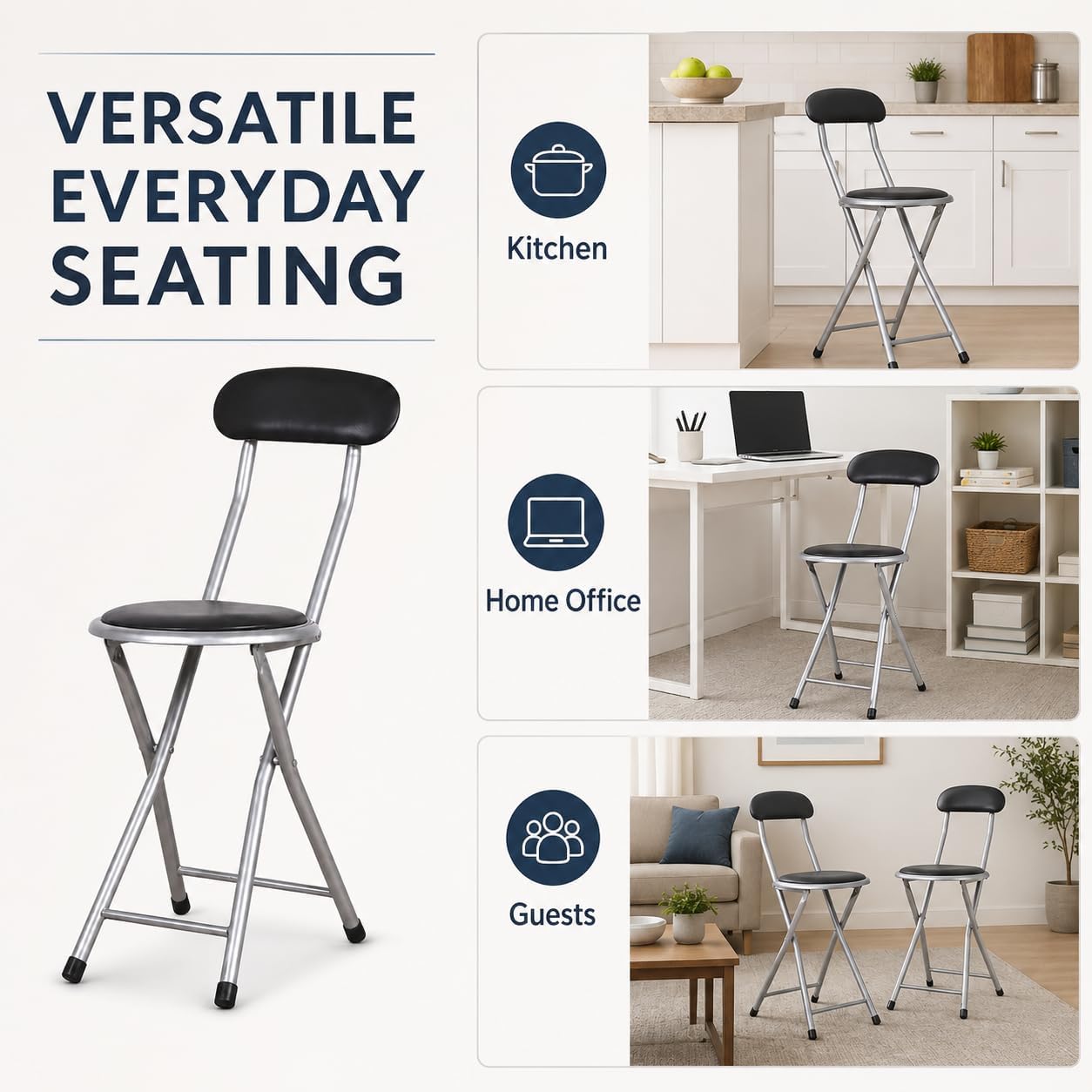 J&V TEXTILES Cushioned Padded Folding Stool with Back | Space-Saving Design, Folds Flat, Padded Backrest, Round Padded Seat, 2.8" Folded Thickness