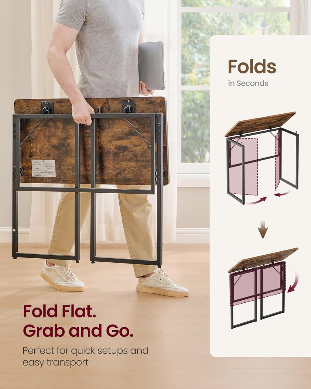 VASAGLE Folding Desk, Small Computer Desk, Foldable Table 31.5 Inch | One-Piece Desktop,Folding Table for Bedroom, Balcony, Camping, Easy Assembly, Rustic Brown, ULWD151KD01