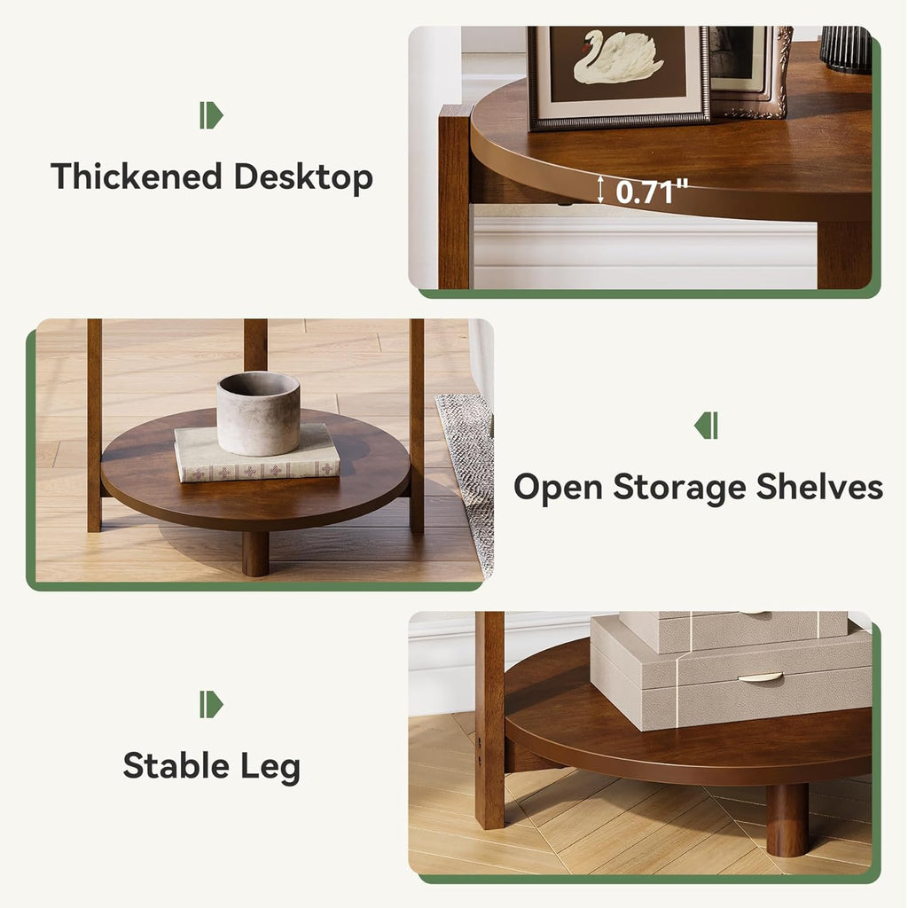 Solid Wood Side Table for Living Room, Small Round End Table with 2-Tier Storage, 19-Inch Wooden Circle Retro Nightstand, Accent Furniture for Small Spaces, Bedroom, Apartment, Brown