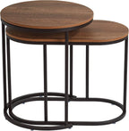 Studio 55D Santa Maria Modern Industrial Set of 2 Small Walnut Round Circle Oval Nesting Wood Black Metal Frame Accent Coffee Couch Side End Tables Living Room Decor Furniture Bedroom Home Office