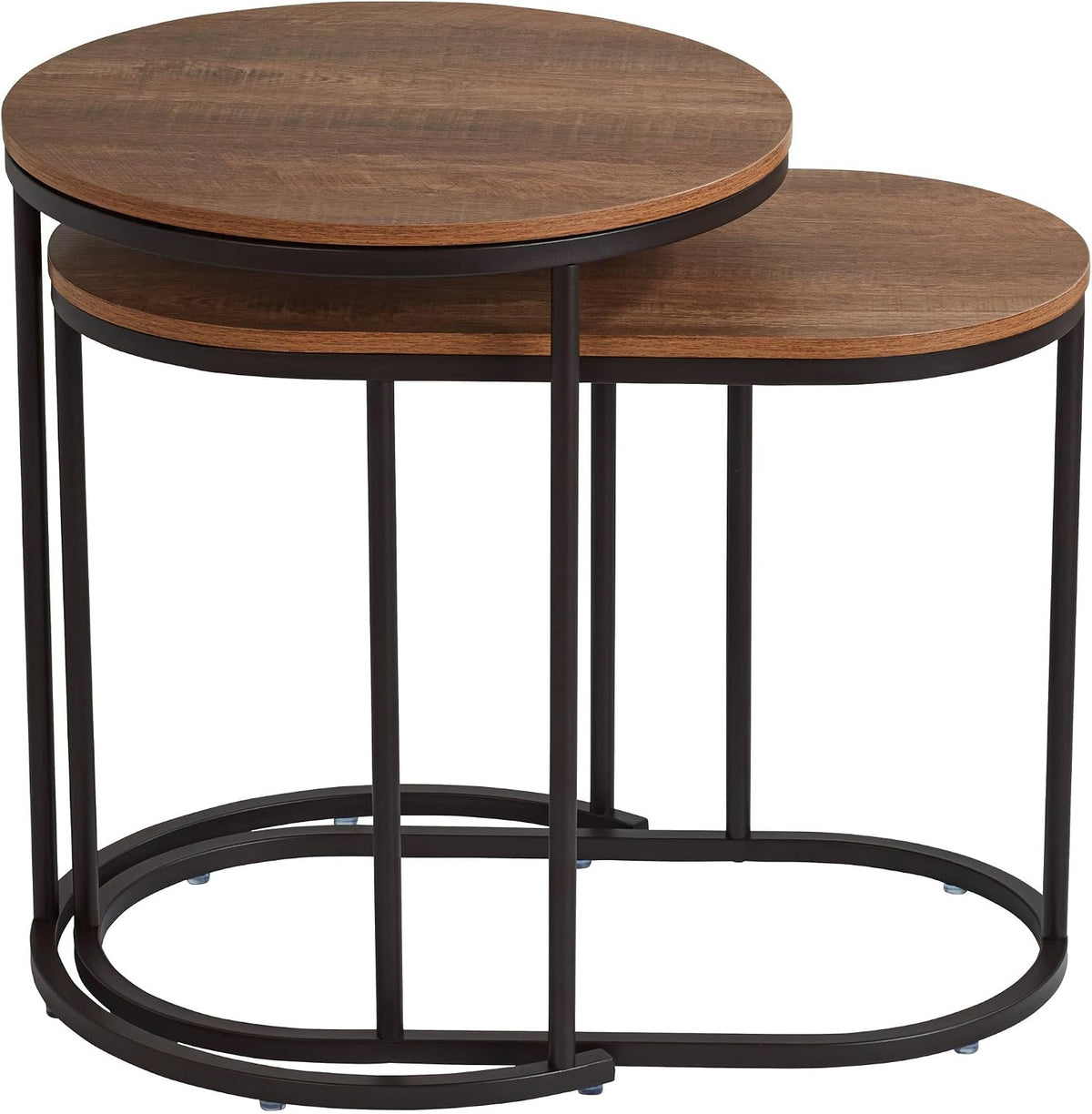 Studio 55D Santa Maria Modern Industrial Set of 2 Small Walnut Round Circle Oval Nesting Wood Black Metal Frame Accent Coffee Couch Side End Tables Living Room Decor Furniture Bedroom Home Office