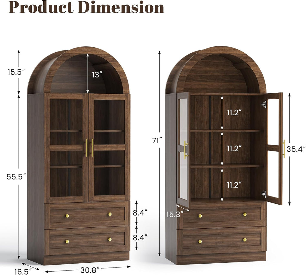 Pamapic Arched Kitchen Pantry Cabinet, 71" Tall Arched Cabinet with Acrylic Doors, Farmhouse Kitchen Storage Cabinet with 2 Large Drawers, Wooden Pantry for Dining Room, Living Room (Brown)