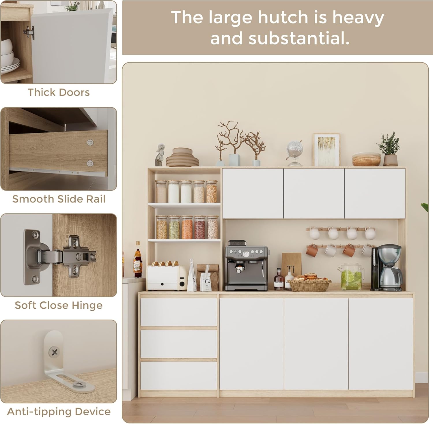 Bobve Large Kitchen Hutch Cabinet with Microwave Stand, Storage Cupboard Pantry with 3-Tier External Shelves and 3 Drawers, Ktichen Food Pantry with Open Countertop for Dining Room, White + Walnut