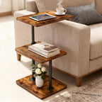 Swivel Side Table Adjustable Height, 3-Tier End Table with 360°Rotatable Tray, Space Saving Nightstand with Storage Shelf for Small Spaces, Living Room, Bedroom