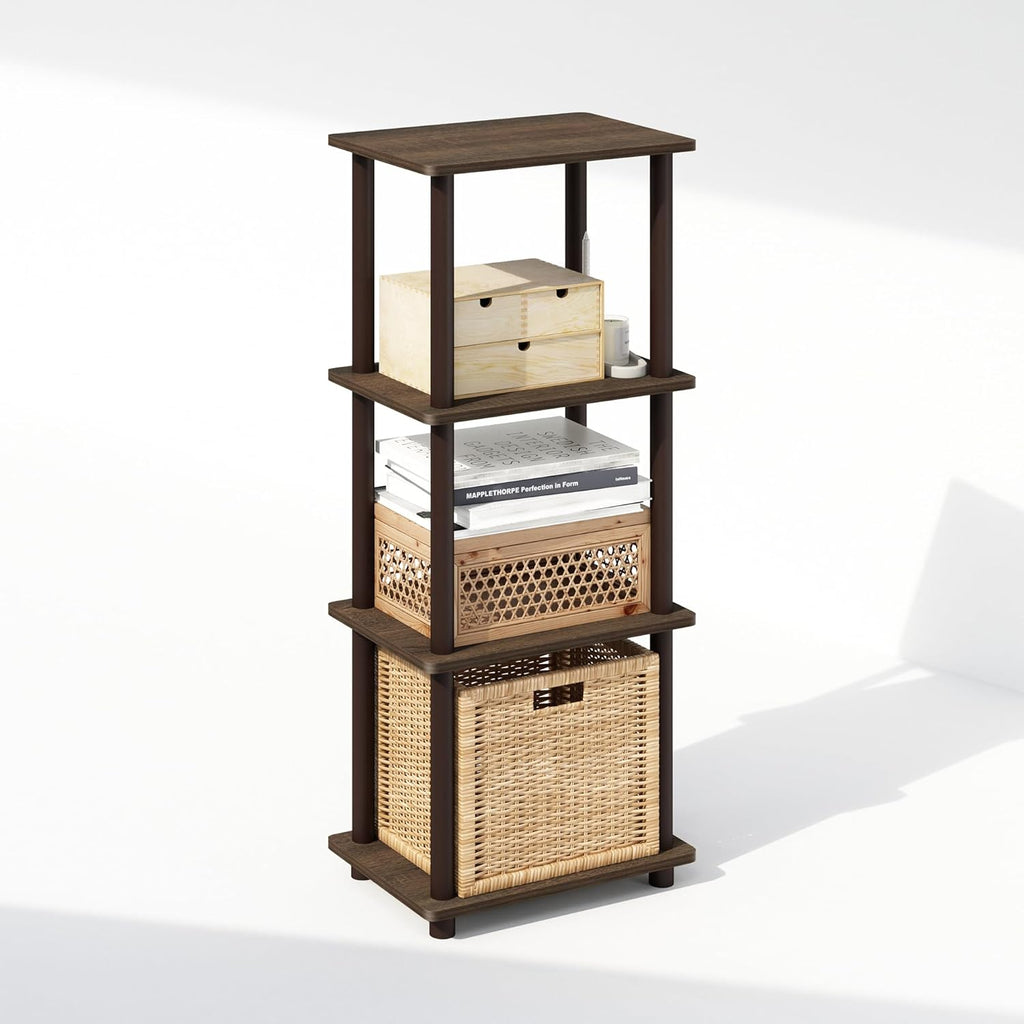 Furinno Turn-N-Tube Side Table, 3-Tier End Table with Open Shelf, Easy Assembly Night Stand, Bedside Table with Round Tube, for Living Room, Bedroom, Walnut