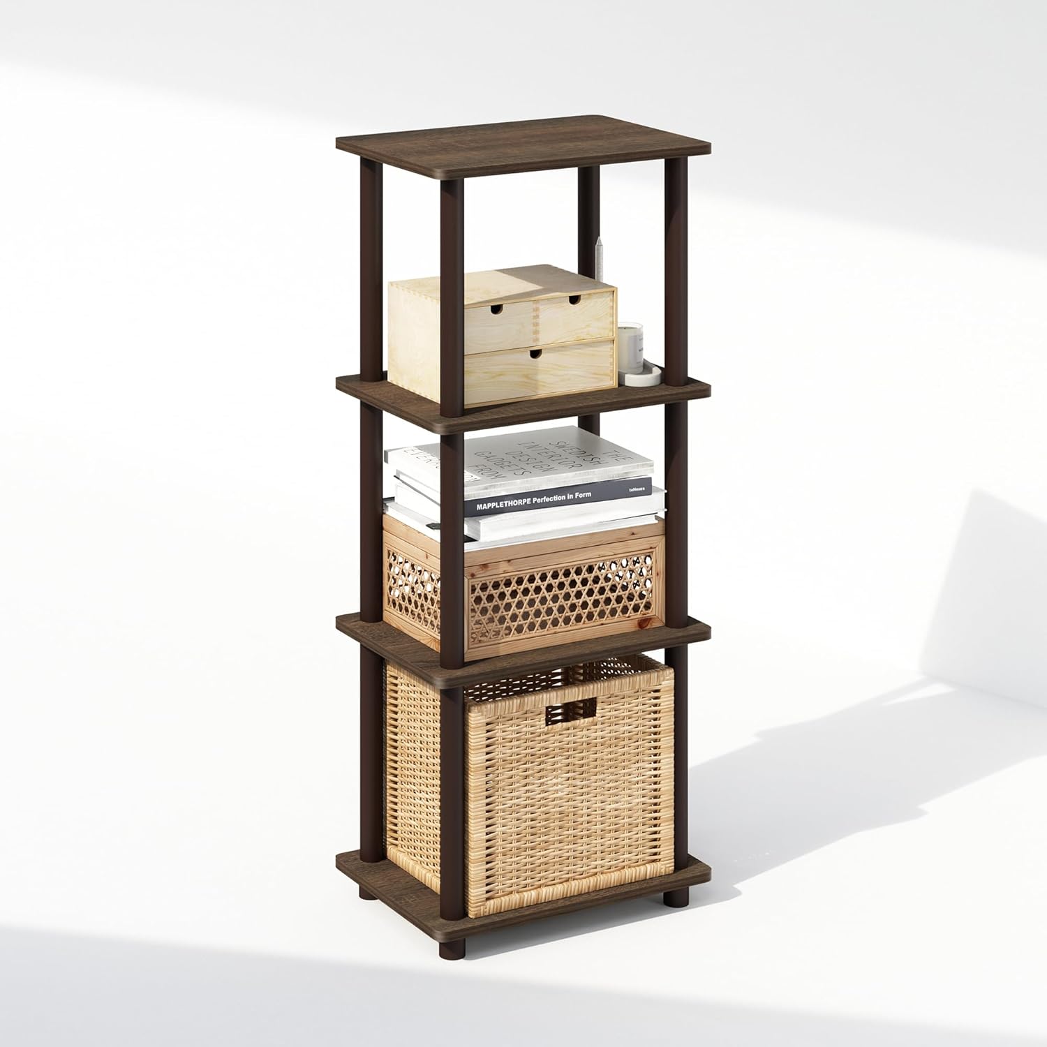 Furinno Turn-N-Tube Side Table, 3-Tier End Table with Open Shelf, Easy Assembly Night Stand, Bedside Table with Round Tube, for Living Room, Bedroom, Walnut