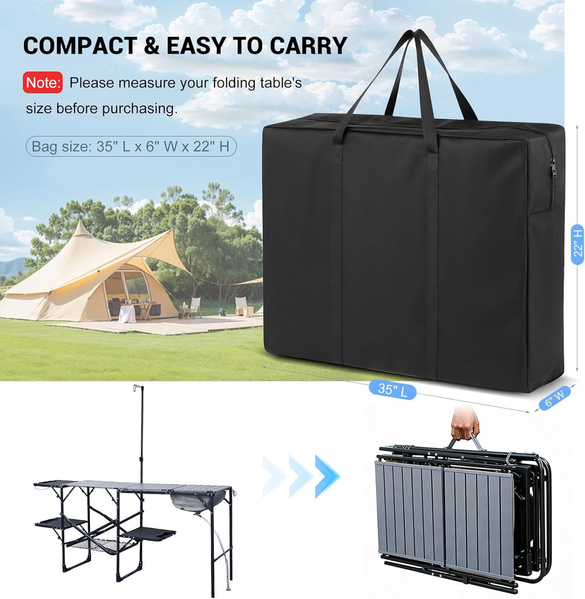 Folding Camping Kitchen Table Storage Bag for GCI Outdoor - 600D Waterproof Cook Station Carry Bag for Folding Picnic/Camp Tables with Durable Zipper, Foldable Table Carry Cover, 35 L x 6" W x 22" H