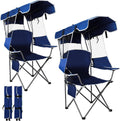 Romswi Folding Canopy Beach Camping Chairs for Adult 2 Pack, Portable Outdoor Chairs with Sunshade,Cup Holder & Side Pocket for Camping, Fishing, Beach, Backyard, Navy