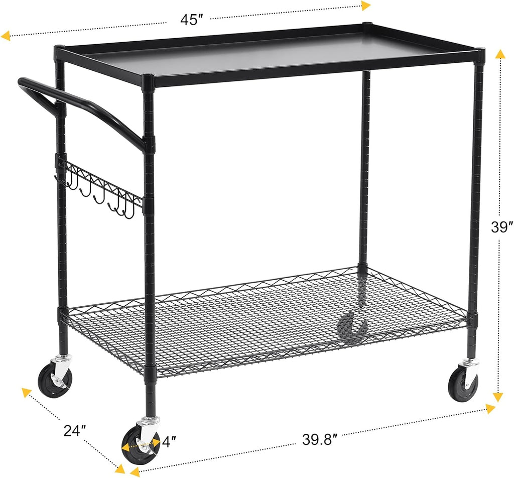 WDT 2-Tier Utility Cart with Wheels, Metal Cart with 1000LBS Capacity, NSF Heavy Duty Rolling Cart, Commercial Grade Serving Tool Storage Carts for Warehouse Garage Kitchen, 24"D x 40"W x 39"H, Black