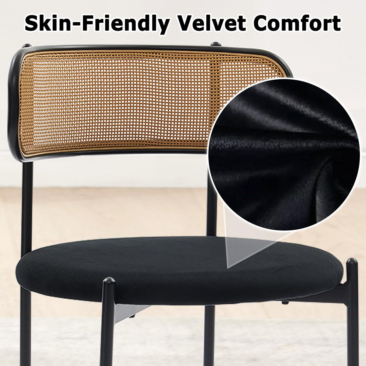 Rattan Dining Chairs Set of 2, Velvet Mid-Century Modern Upholstered Dining Chairs with Woven Cane Backrest, Black Kitchen Dining Room Chairs