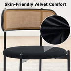 Rattan Dining Chairs Set of 4, Velvet Mid-Century Modern Upholstered Dining Chairs with Woven Cane Backrest, Black Kitchen Dining Room Chairs