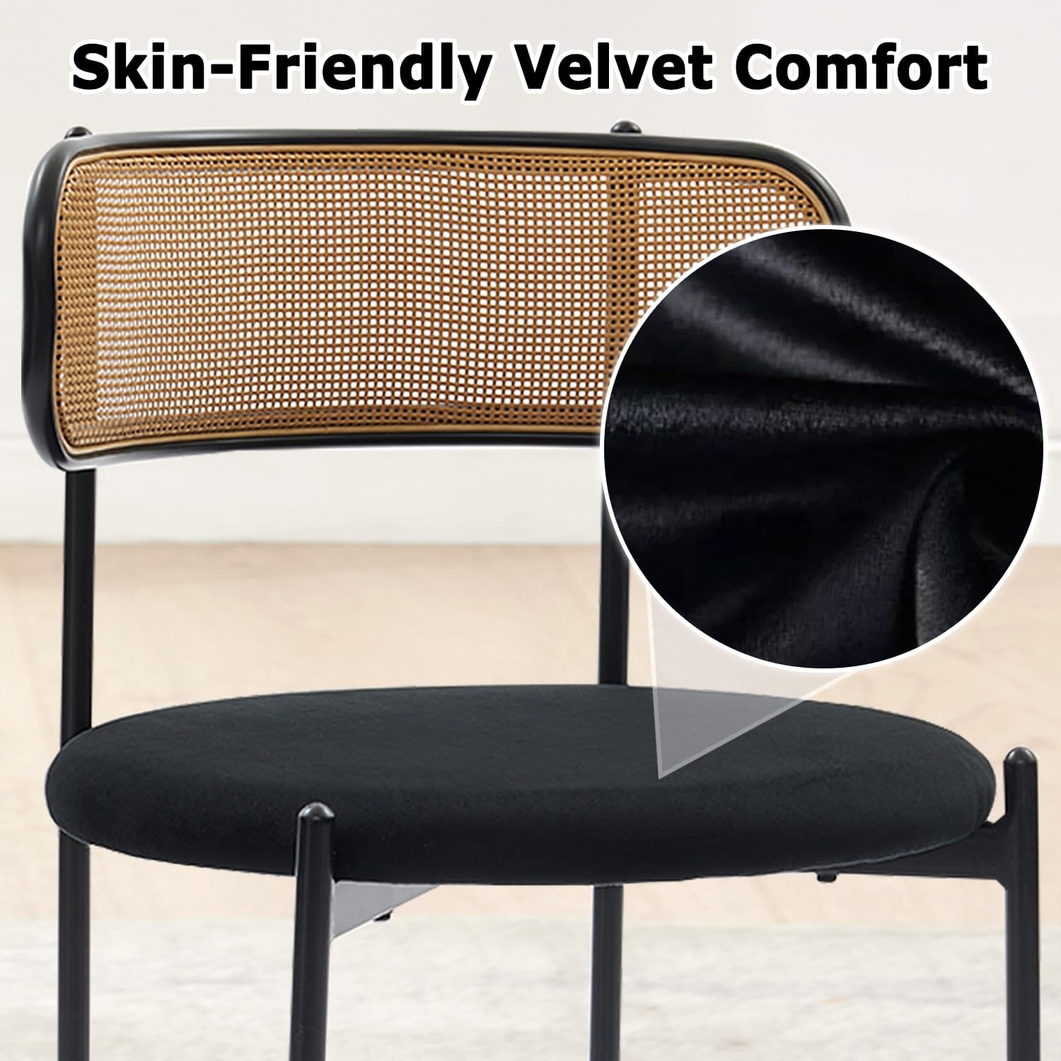 Rattan Dining Chairs Set of 4, Velvet Mid-Century Modern Upholstered Dining Chairs with Woven Cane Backrest, Black Kitchen Dining Room Chairs