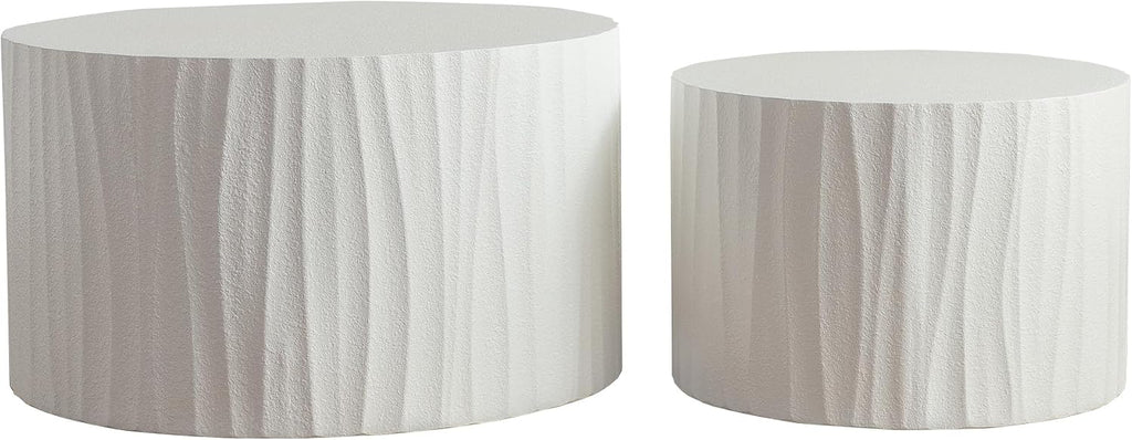 Nesting Coffee Table Set of 2, Modern Round Wooden Drum Side End Coffee Tables for Living Room, Bedroom, White-03