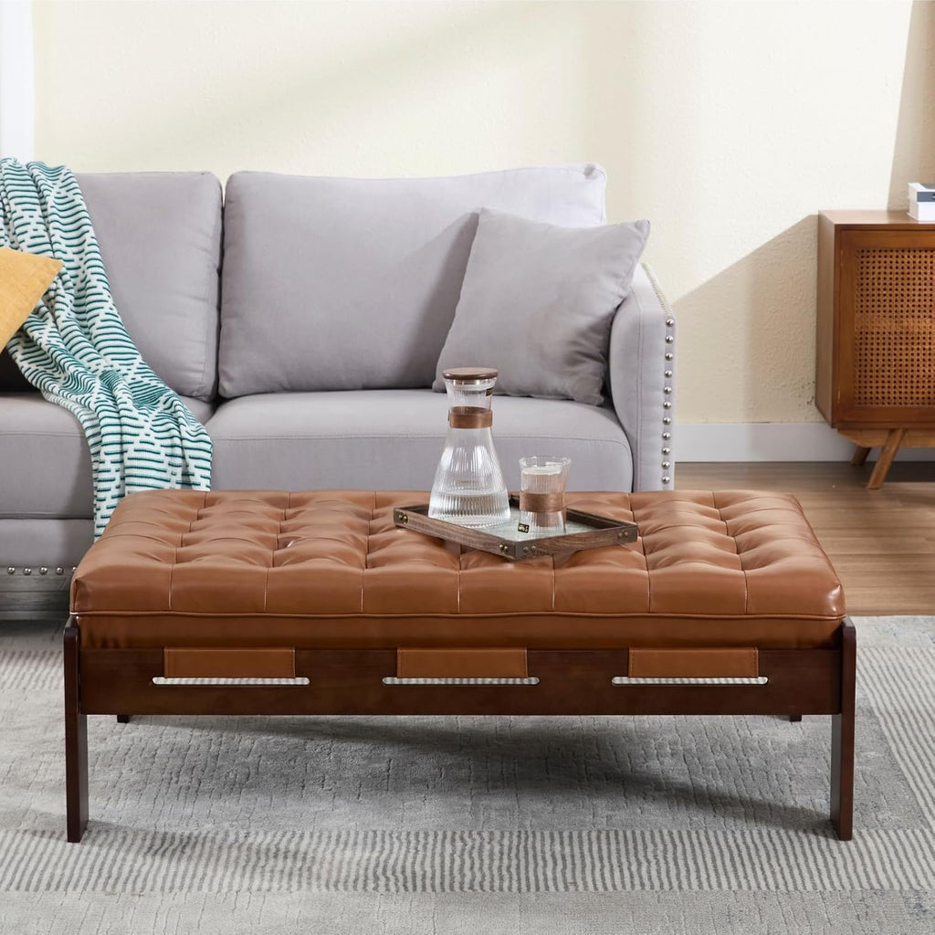 chairus 47.75" Large Rectangle Ottoman Coffee Table, Tufted Faux Leather Upholstered Living Room Coffee Table with Solid Wood Frame, Oversized Mid-Century Modern Footrest Ottoman, Brown PU