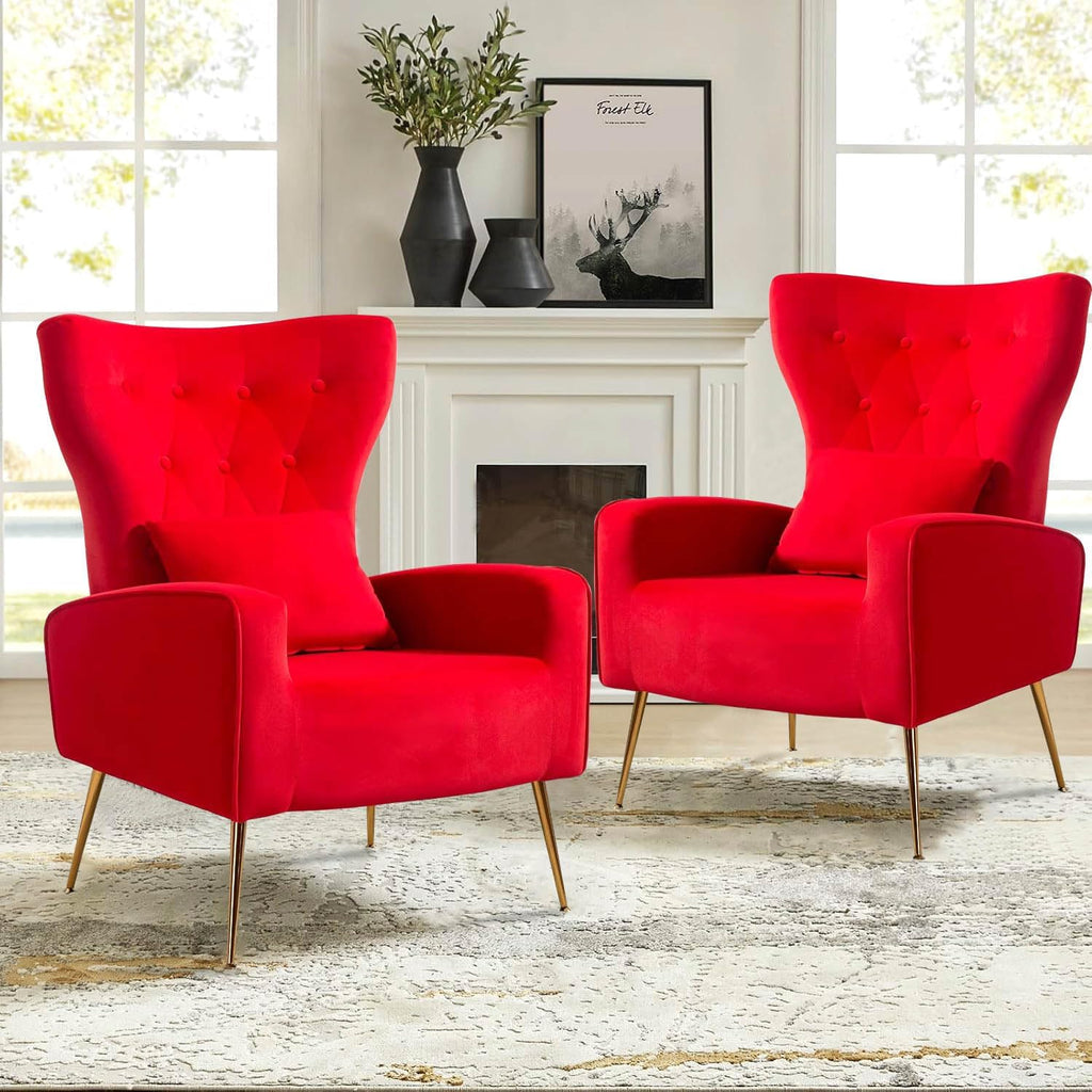 Velvet Accent Arm Chairs Set of 2, Mid-Century Modern Living Room Chair, Wingback Bedroom Side Chair with Gold Legs & Pillow, Button-Tufted, Red