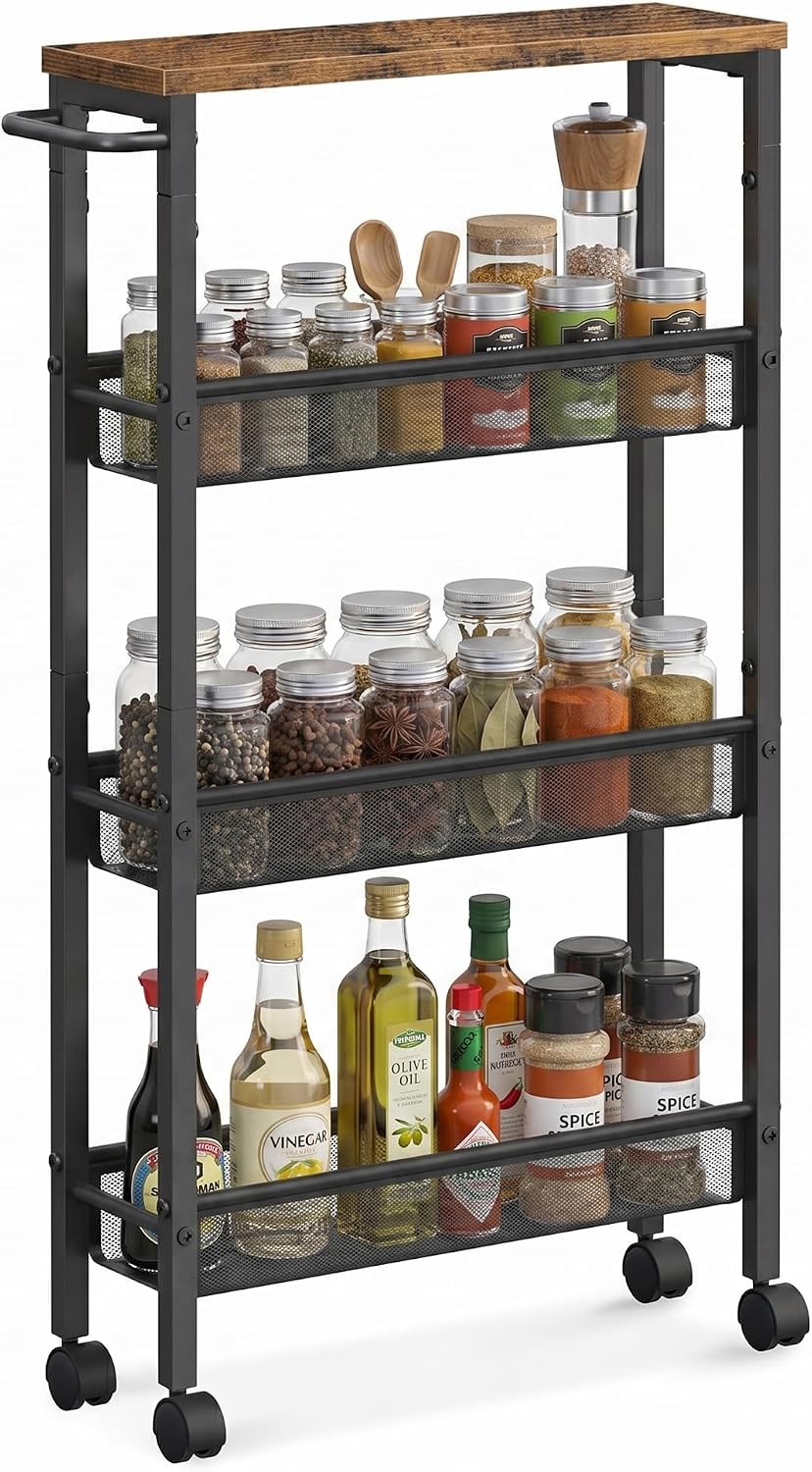SONGMICS HOME Slim Rolling Cart, 4-Tier Storage Cart with Wheels and Handle, Narrow Utility Cart for Kitchen, Living Room, Brown and Black