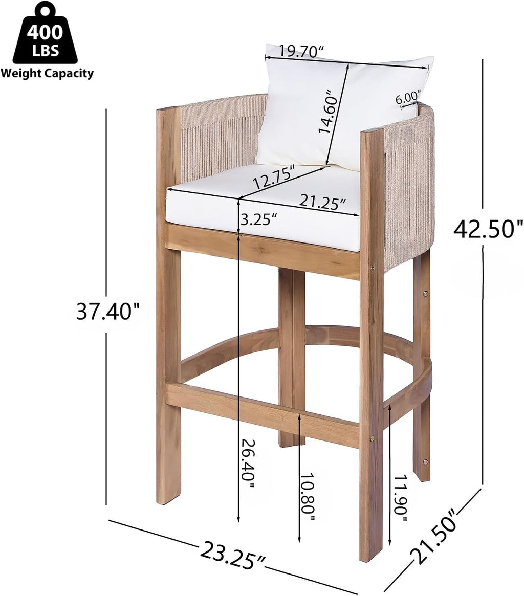 Merax Outdoor Bar Stools Set of 4, Rope Rattan Patio Barstools with Footrest and Cozy Cushions, Outdoor Acacia Wood Counter Height Bar Stools for Garden Backyard Pool Bar Chairs, Beige