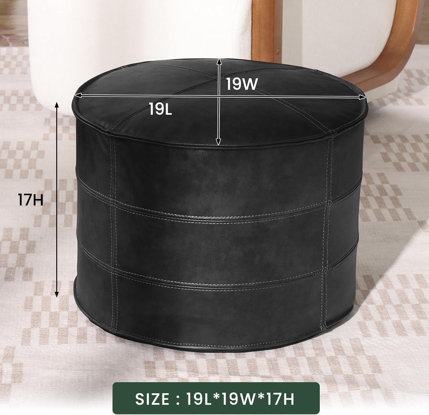 Couchus Genuine Leather Ottoman, Square Pouf Footstool (Round, Black) | Modern Upholstered Ottoman, Floor Pouf for Living Room, Bedroom