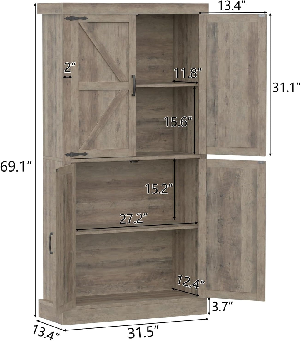 Farmhouse Kitchen Pantry Cabinet,69.1" Tall Kitchen Storage Cabinet with Adjustable Shelf,Modern Bathroom Storage Cabinets,Freestanding Floor Cabinets Cupboard for Living Room,Dining Room (Retro Grey)