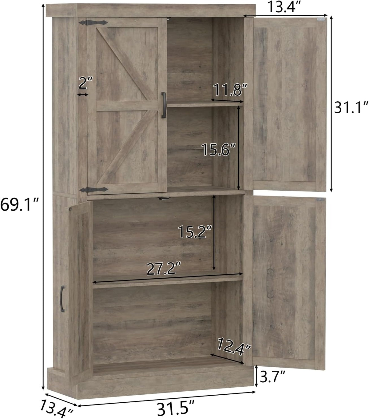 Farmhouse Kitchen Pantry Cabinet,69.1" Tall Kitchen Storage Cabinet with Adjustable Shelf,Modern Bathroom Storage Cabinets,Freestanding Floor Cabinets Cupboard for Living Room,Dining Room (Retro Grey)