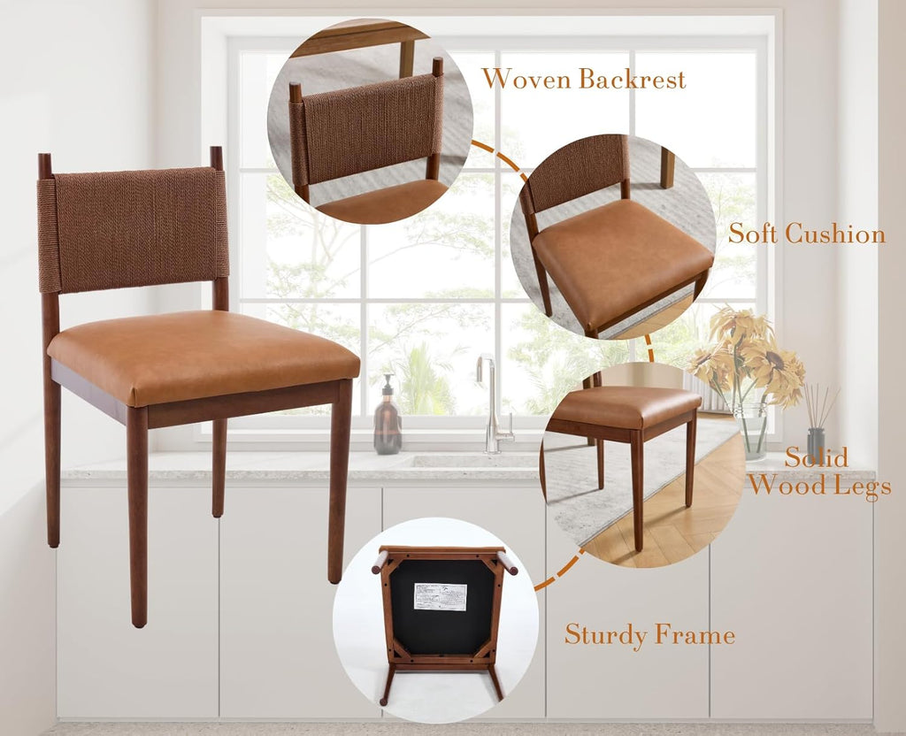 EALSON Rattan Dining Chairs Set of 2 Leather Upholstered Dining Room Chairs with Walnut Wooden Legs and Woven Back Mid Century Modern Kitchen Chairs Comfortable Armless Side Chairs for Kitchen, Brown