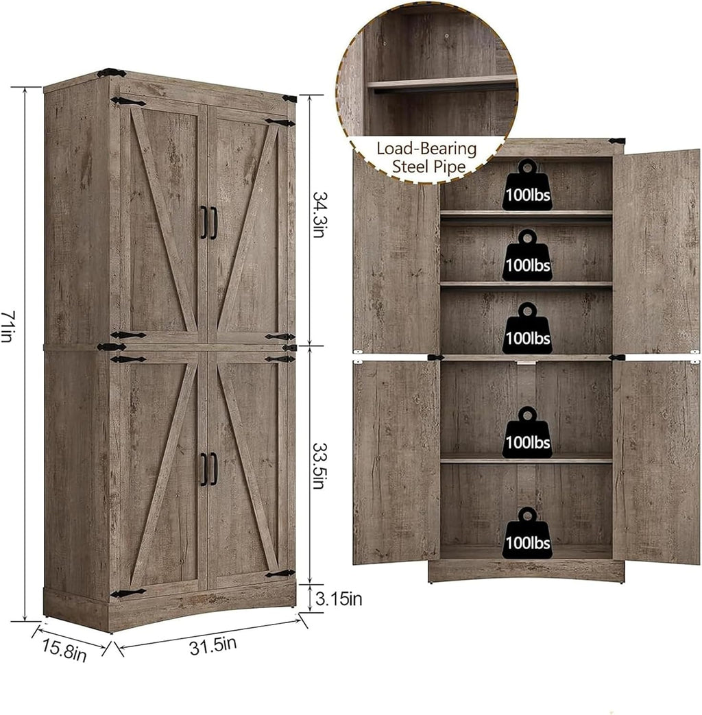 71" Tall Kitchen Pantry,Farmhouse Storage Cabinet with Adjustable Shelves,Load-Bearing Steel Pipe,Farmhouse Pantry Cabinet with 4 Barn Doors,for Kitchen,Dining Room,Living Room(Light Rustic Oak)