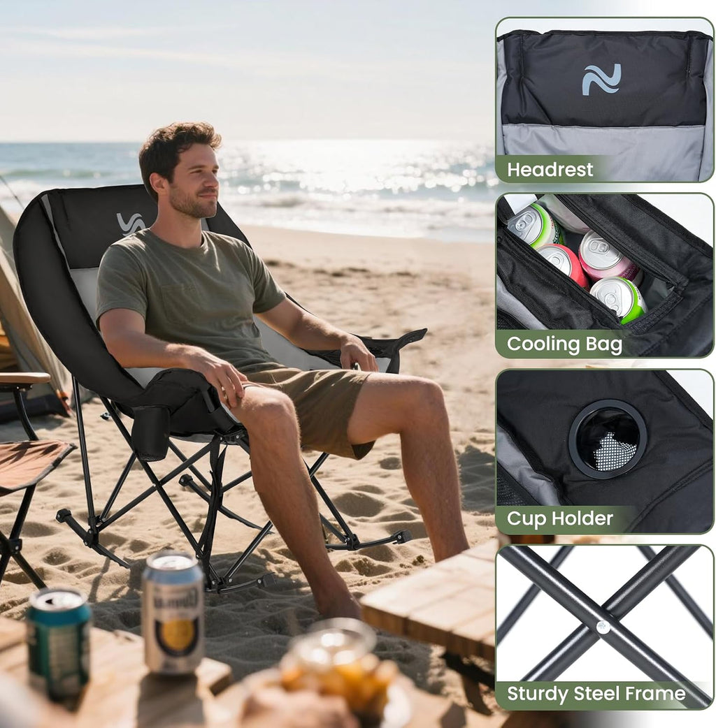 ABORON Oversized Rocking Chair for Adults, 400 lbs Heavy Duty Camping Chair | Enjoy smooth rocking comfort with full padding, cooler bag & side pocket. Holds up to 400 lbs for camping, patio & backyard